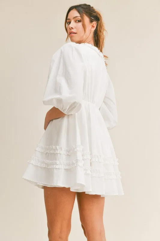 White Square Neck Ruffle Dress