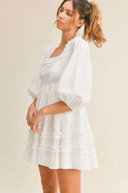 White Square Neck Ruffle Dress