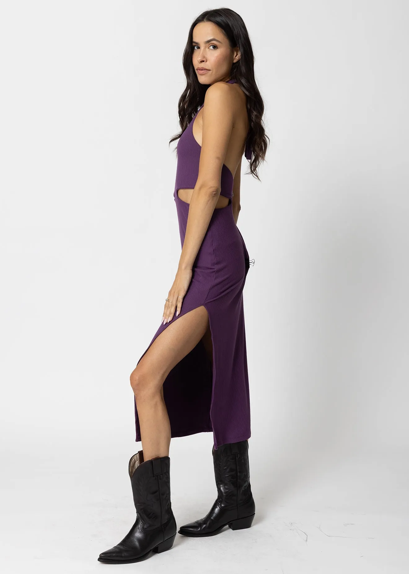 WIDE RIB HALTER CUT AWAY DRESS