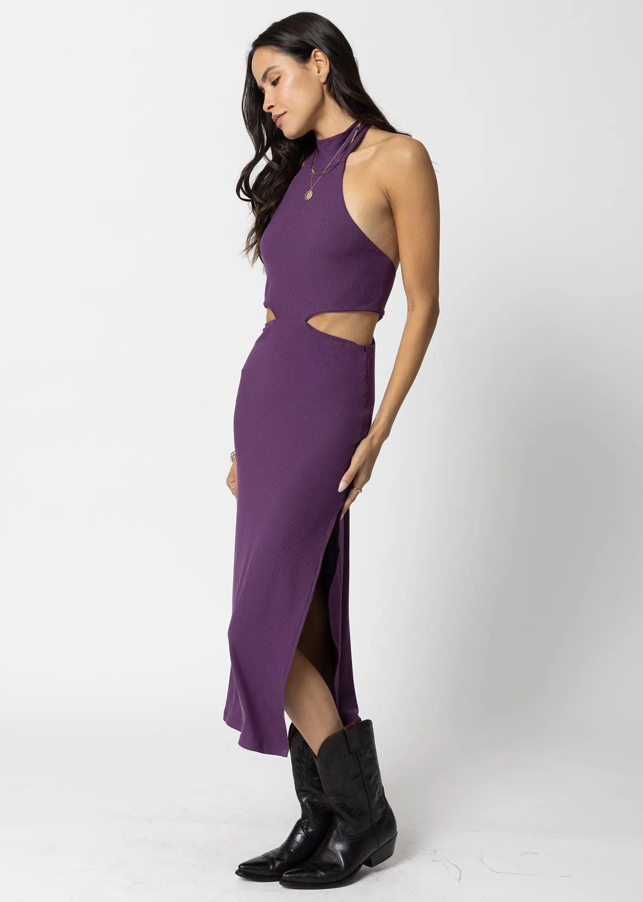 WIDE RIB HALTER CUT AWAY DRESS